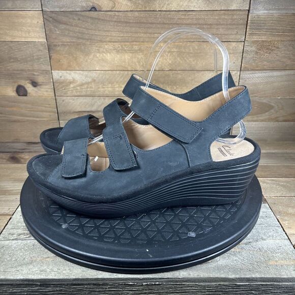 Clarks Collection Womens Size 9M Platform Wedge Sandals Black Strappy Slingback - Picture 3 of 10